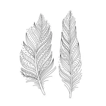 Feathers in boho style black and white Stock Illustration
