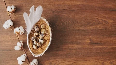 Feathers falling on Easter eggs in nest on wooden table. Easter holiday decor 動画素材 124382762