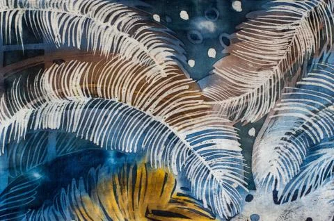Feathers, hot batik, background texture, handmade on silk Stock Illustration