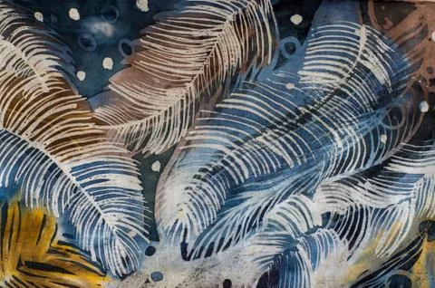 Feathers, hot batik, background texture, handmade on silk Stock Illustration