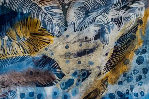 Feathers, hot batik, background texture, handmade on silk Stock Illustration