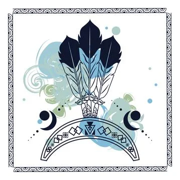 Feathers native head decoration in square frame tribal style icon イラスト素材