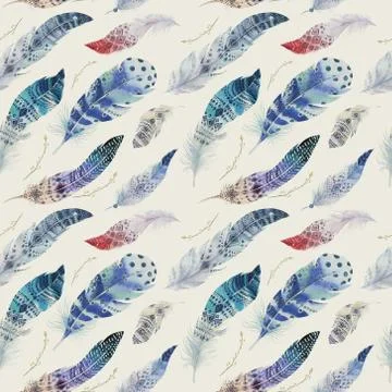 Feathers pattern. Watercolor elegant background. Watercolour col Stock Illustration