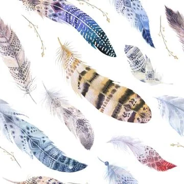 Feathers pattern. Watercolor elegant background. Watercolour col Illustrazione stock
