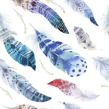 Feathers pattern. Watercolor elegant background. Watercolour col Stock Illustration