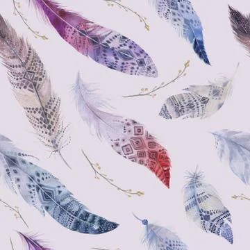 Feathers pattern. Watercolor elegant background. Watercolour col Stock Illustration