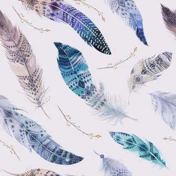 Feathers pattern. Watercolor elegant background. Watercolour col Illustrazione stock