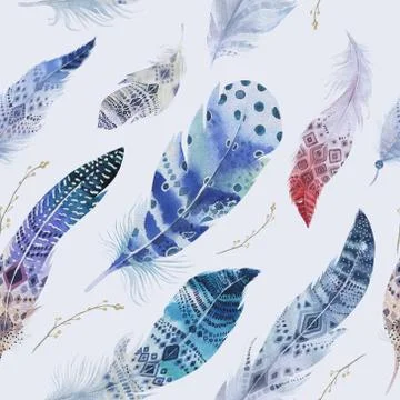 Feathers pattern. Watercolor elegant background. Watercolour col Illustrazione stock