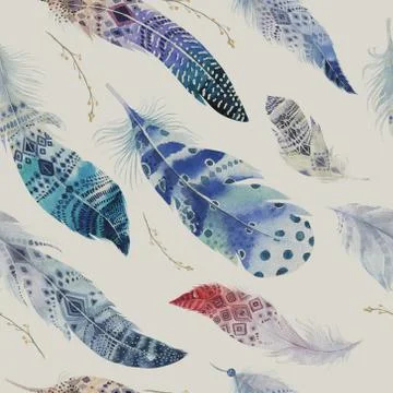 Feathers pattern. Watercolor elegant background. Watercolour col Stock Illustration