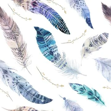 Feathers pattern. Watercolor elegant background. Watercolour col Stock Illustration