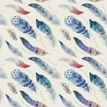 Feathers pattern. Watercolor elegant background. Watercolour col Stock Illustration