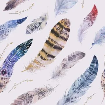 Feathers pattern. Watercolor elegant background. Watercolour col Stockillustratie