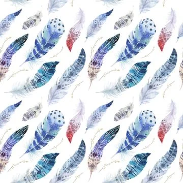 Feathers pattern. Watercolor elegant background. Watercolour col Stock Illustration