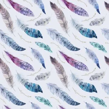 Feathers pattern. Watercolor elegant background. Watercolour col イラスト素材
