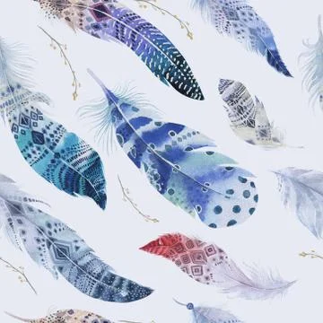 Feathers pattern. Watercolor elegant background. Watercolour col Illustrazione stock