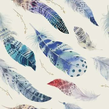 Feathers pattern. Watercolor elegant background. Watercolour col イラスト素材