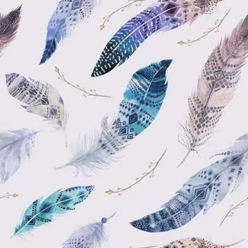 Feathers pattern. Watercolor elegant background. Watercolour col Stock Illustration
