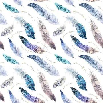 Feathers pattern. Watercolor elegant background. Watercolour bird Stock Illustration