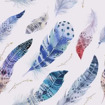 Feathers pattern. Watercolor elegant background. Watercolour col Illustrazione stock