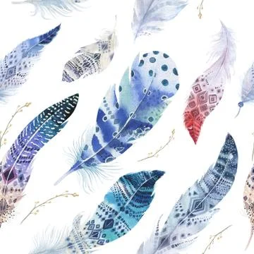 Feathers pattern. Watercolor elegant background. Watercolour col Illustrazione stock