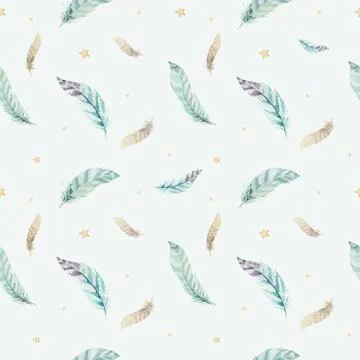 Feathers pattern. Watercolor elegant background. Watercolour color organic Stock Illustration