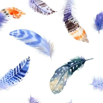 Feathers repeating pattern. Watercolor background with seamless Stock Illustration