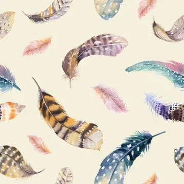 Feathers repeating pattern. Watercolor background with seamless Stock Illustration