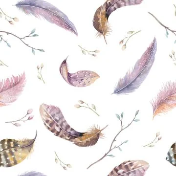 Feathers repeating pattern. Watercolor background with seamless Stock Illustration