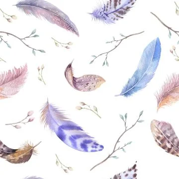 Feathers repeating pattern. Watercolor background with seamless Stock Illustration