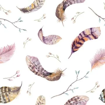 Feathers repeating pattern. Watercolor background with seamless Illustrazione stock