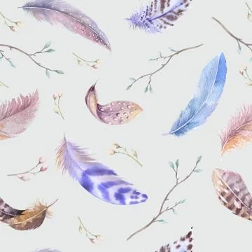 Feathers repeating pattern. Watercolor background with seamless Stockillustratie