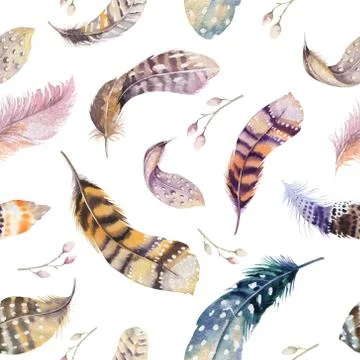 Feathers repeating pattern. Watercolor background with seamless Illustrazione stock