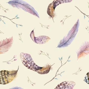Feathers repeating pattern. Watercolor background with seamless Stock Illustration