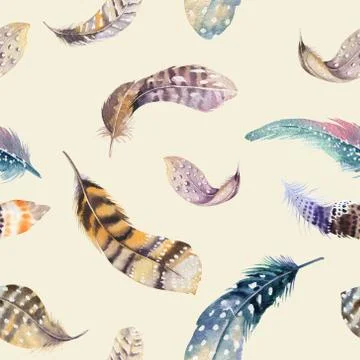 Feathers repeating pattern. Watercolor background with seamless Illustrazione stock
