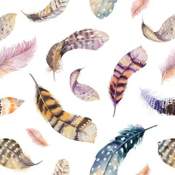 Feathers repeating pattern. Watercolor background with seamless Stock Illustration