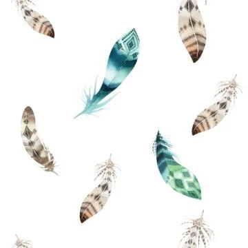 Feathers repeating pattern. Watercolor background with seamless Illustrazione stock