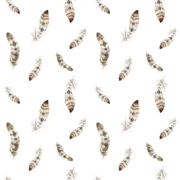 Feathers repeating pattern. Watercolor background with seamless イラスト素材