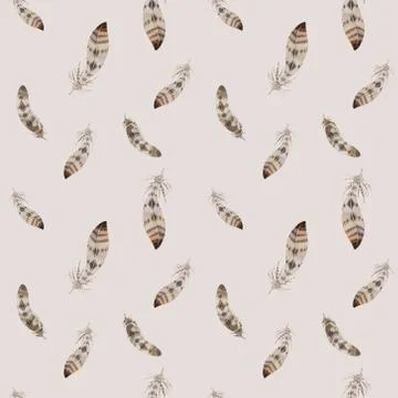 Feathers repeating pattern. Watercolor background with seamless Stock Illustration