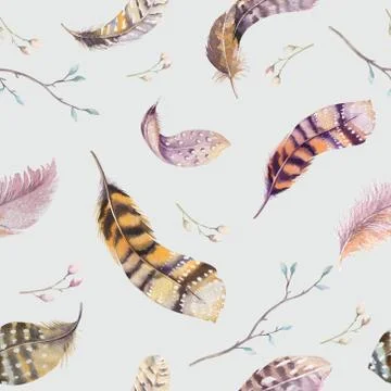 Feathers repeating pattern. Watercolor background with seamless Stock Photos