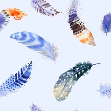 Feathers repeating pattern. Watercolor background with seamless Stock Photos