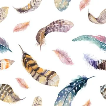 Feathers repeating pattern. Watercolor background with seamless Stock Photos