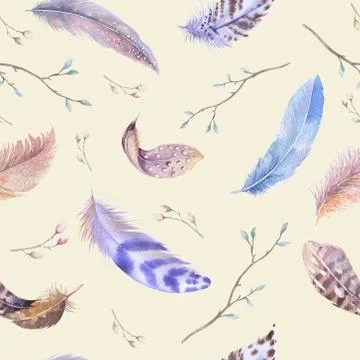 Feathers repeating pattern. Watercolor background with seamless Foto stock