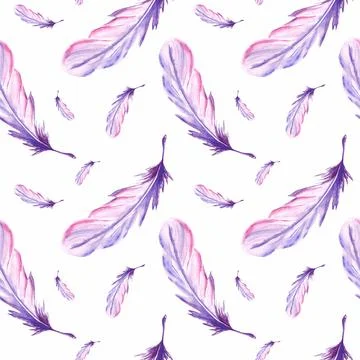 Feathers retro style seamless pattern. Watercolor background print of birds Illustrazione stock