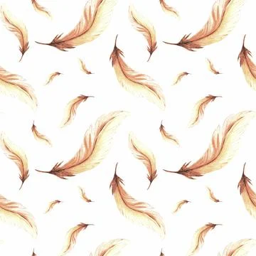 Feathers retro style seamless pattern. Watercolor background print of birds Stock Illustration