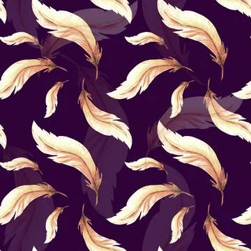 Feathers retro style seamless pattern. Watercolor background print of birds Stock Illustration