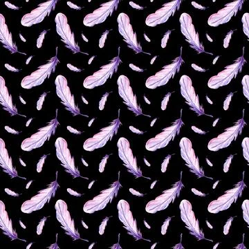Feathers retro style seamless pattern. Watercolor background print of birds Stock Illustration