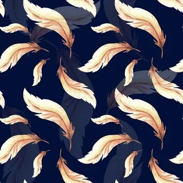 Feathers retro style seamless pattern. Watercolor background print of birds Illustrazione stock