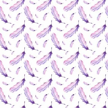 Feathers retro style seamless pattern. Watercolor background print of birds Stock Illustration