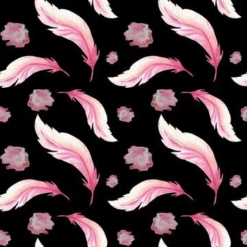 Feathers retro style seamless pattern. Watercolor background print of birds Stock Illustration