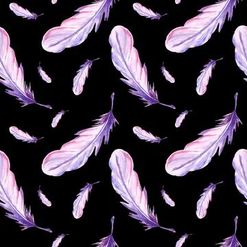 Feathers retro style seamless pattern. Watercolor background print of birds Stock Illustration
